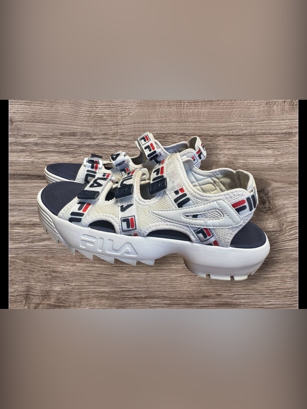 Fila Women's Disruptor Sandal  in White, Fila Navy & Fila Red SZ 10